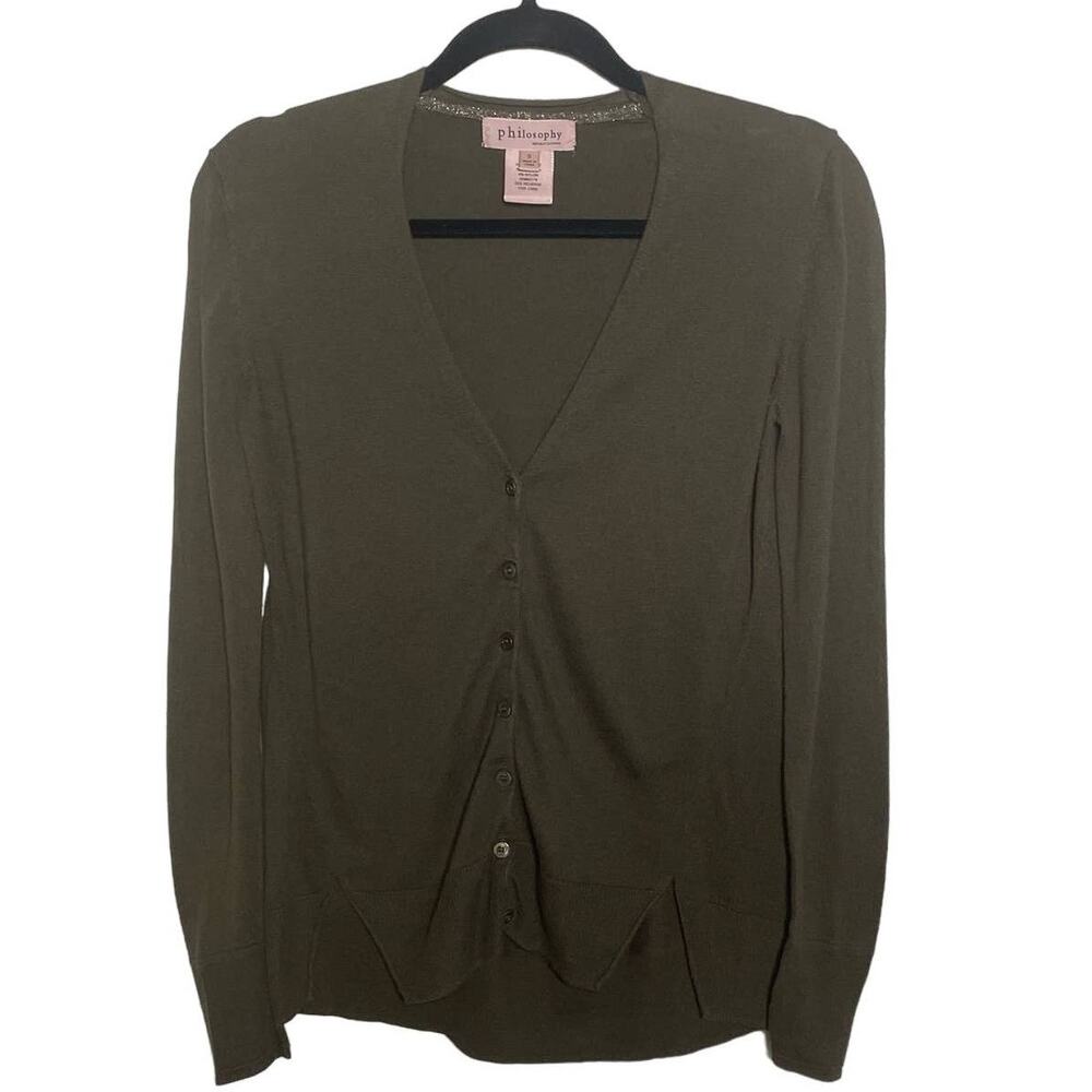 Philosophy‎ Cardigan Sweater Button Up Knit V-Neck Long Sleeve Green S Lagenlook